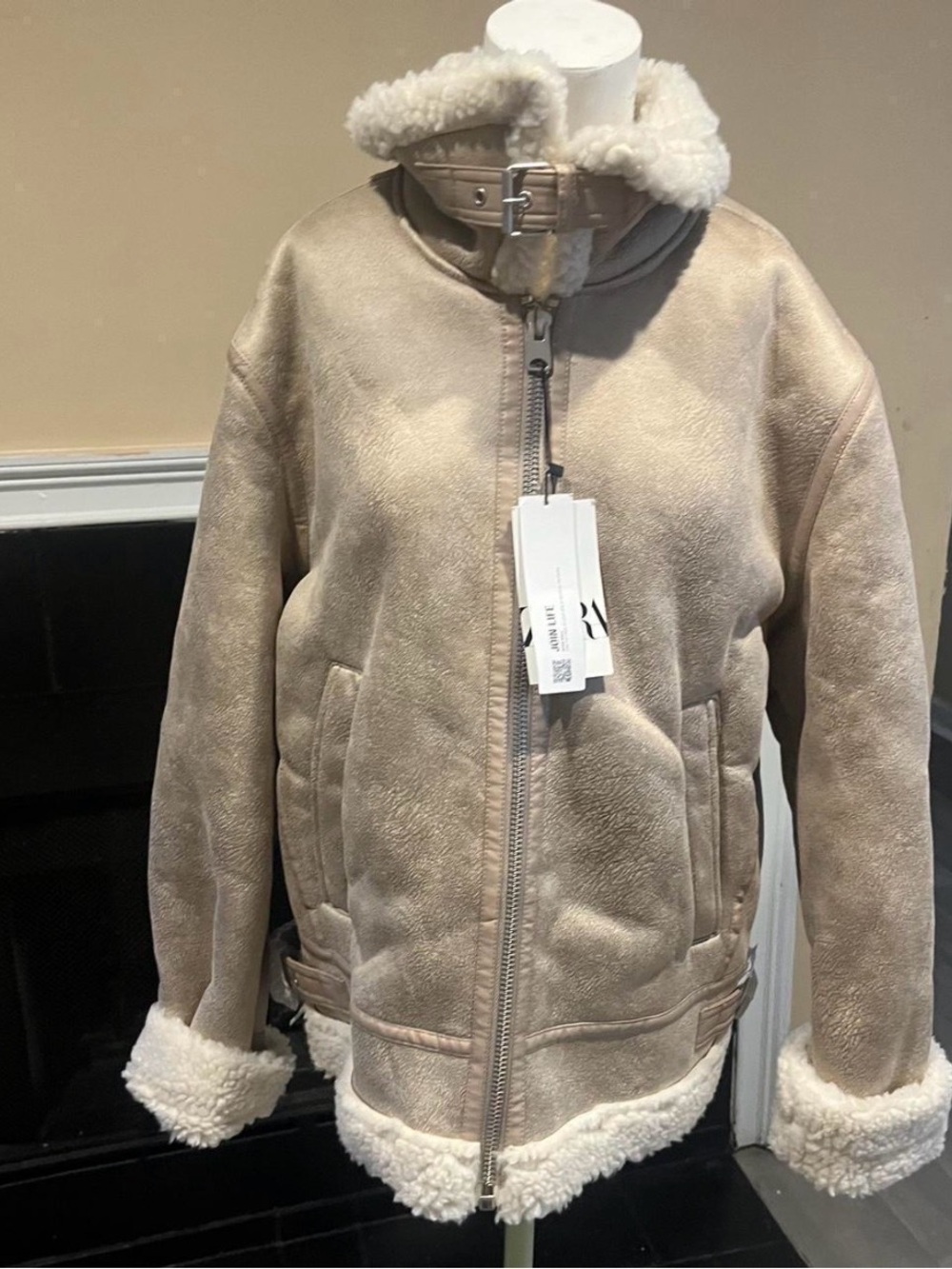 Zara Cream Shearling-Trim Bomber Jacket